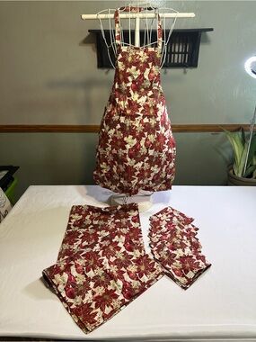 Poinsettia and cardinal apron, napkin, and table runner set